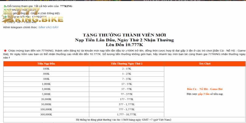 Lưu ý về một số nội dung cụ thể về ưu đãi 777King thưởng nạp ngày 2 10777k